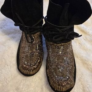 House of Harlow 1960 Black and Gold Beaded Ankle Boots
